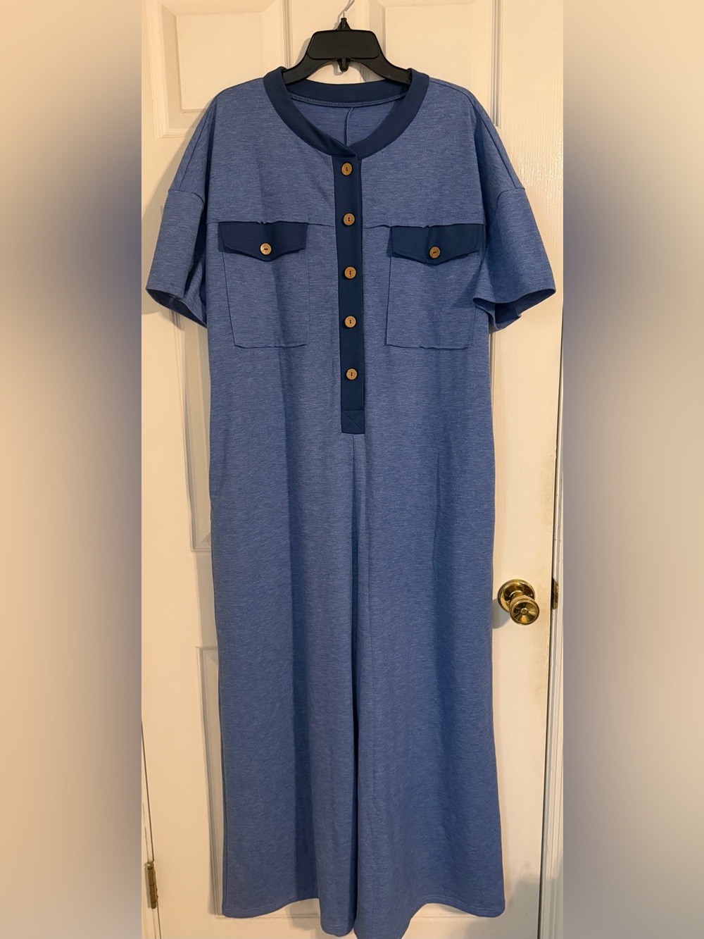 Casual Short Sleeve Blue Romper with Button Front
